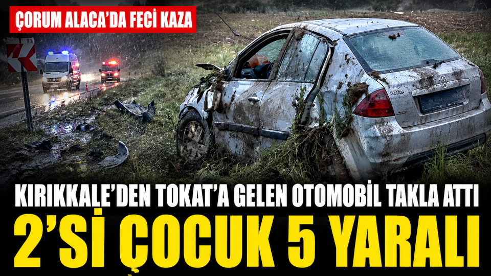 Çorum Alaca’da yağışlı yolda takla atan otomobilde 5 kişi yaralandı