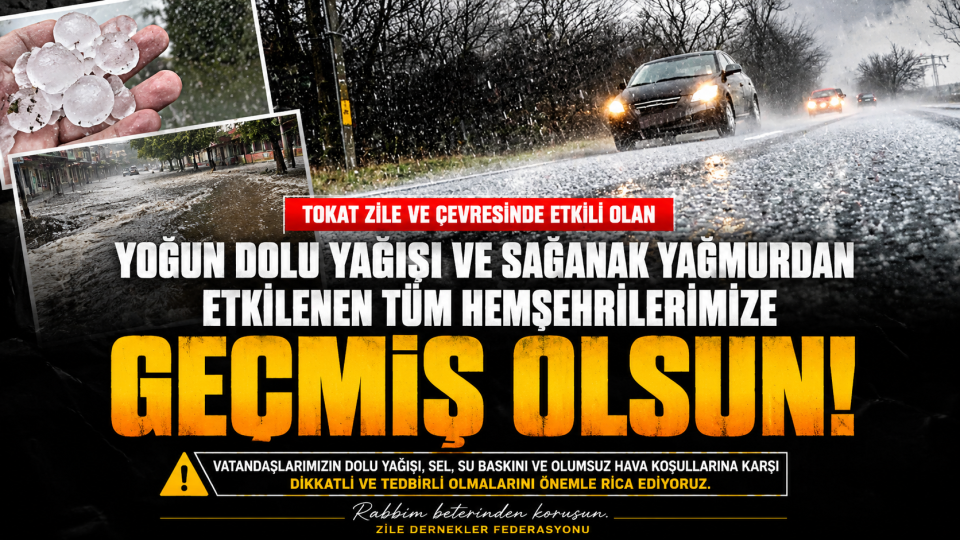 Tokat Zile’de yoğun dolu ve sağanak yağış vatandaşları tedbirli olmaya çağırdı